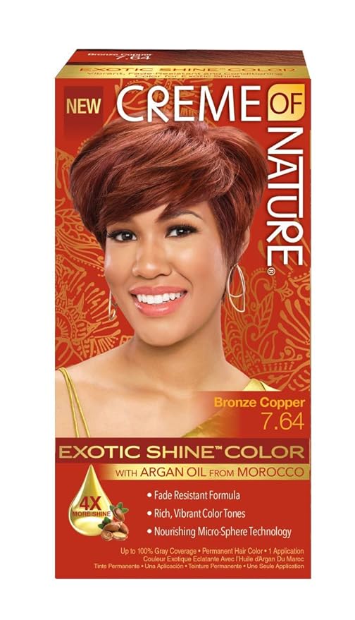 Exotic Shine Hair Color by Crème of Nature, 7.64 Bronze Copper, with Argan Oil from Morocco, 1 Application x-pression