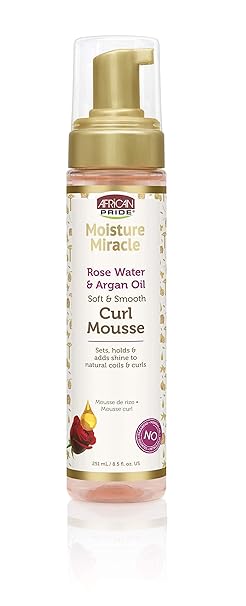 African Pride Moisture Miracle Rose Water & Argan Oil Curl Hair Mousse, Flexible Hold, Enhances Curls, Creates Wave Patterns, No Residue, Deep Moisture, Adds Shine, Strengthens & Protects Hair, 8.5 oz x-pression
