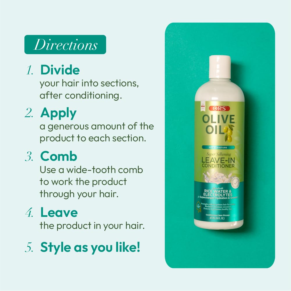 ORS Olive Oil Max Moisture Leave-In Conditioner with Rice Water and Electrolytes for Supercharged Hair Hydration 16.0 Ounce x-pression