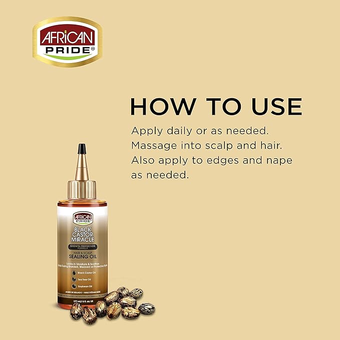 African Pride Black Castor Miracle Hair & Scalp Sealing Oil - Locks in Moisture & Soothes, Contains Black Castor/Tea Tree/Soybean Oil, 6 oz x-pression