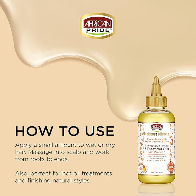 African Pride Moisture Miracle 5 Essential Oils - Contains Castor, Grapeseed, Argan, Coconut & Olive Oil, Seals in Moisture & Adds Shine, Vitamin E, 4 oz x-pression