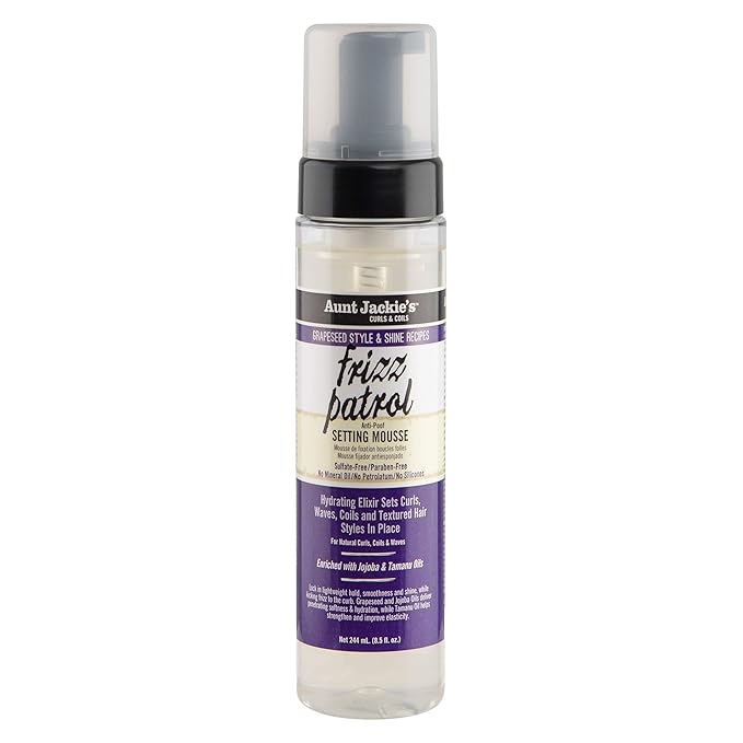 Aunt Jackie's Grapeseed Style and Shine Recipes Frizz Patrol Anti-Poof Setting Hair Mousse, Sets Curly Hair Styles in Place,Purple Fl.Oz 8.5 Ounce x-pression