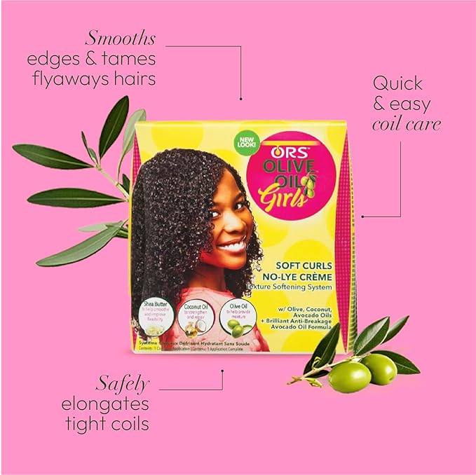 ORS Olive Oil Girls Soft Curls No-Lye Creme Texture Softening System Kit with Olive, Coconut & Avocado Oils x-pression