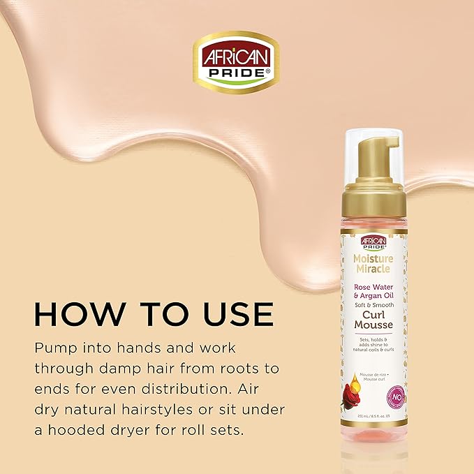 African Pride Moisture Miracle Rose Water & Argan Oil Curl Hair Mousse, Flexible Hold, Enhances Curls, Creates Wave Patterns, No Residue, Deep Moisture, Adds Shine, Strengthens & Protects Hair, 8.5 oz x-pression