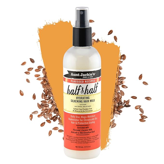 Aunt Jackie's Flaxseed Recipes Half & Half, Hydrating Silkening Hair Milk, For Daily Use, Enriched with Flaxseed, Coconet, Jojoba Oil, Shea Butter, Grapeseed and Ginseng, 12 Ounce Spray Bottle x-pression