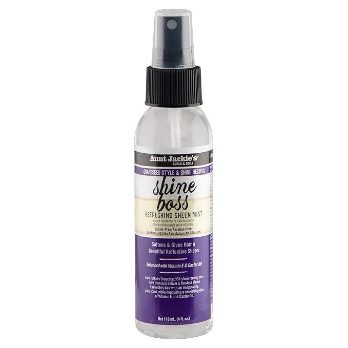 Aunt Jackie's Grapeseed Style and Shine Recipes Shine Boss Refreshing Sheen Hair Mist, Gives Curls, Waves and Coils Shine Without Oily Feel, 4 oz x-pression