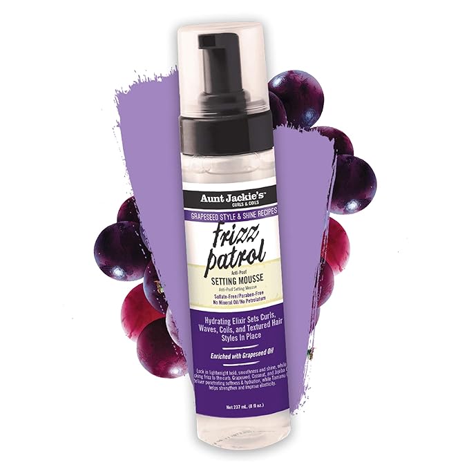 Aunt Jackie's Grapeseed Style and Shine Recipes Frizz Patrol Anti-Poof Setting Hair Mousse, Sets Curly Hair Styles in Place,Purple Fl.Oz 8.5 Ounce x-pression