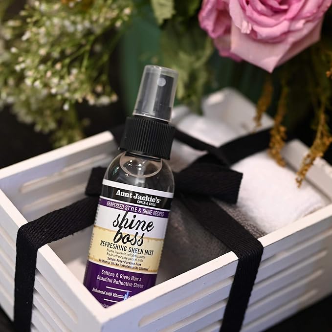 Aunt Jackie's Grapeseed Style and Shine Recipes Shine Boss Refreshing Sheen Hair Mist, Gives Curls, Waves and Coils Shine Without Oily Feel, 4 oz x-pression