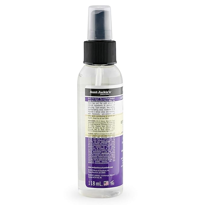 Aunt Jackie's Grapeseed Style and Shine Recipes Shine Boss Refreshing Sheen Hair Mist, Gives Curls, Waves and Coils Shine Without Oily Feel, 4 oz x-pression