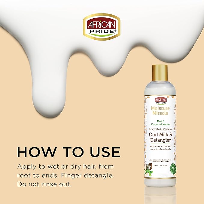 African Pride Moisture Miracle Hydrate & Renew Curl Milk & Hair Detangler, For Natural Coils & Curls, Hydrates & Controls Frizz, 12 oz x-pression