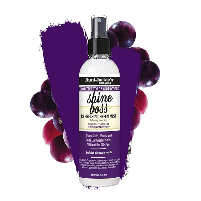Aunt Jackie's Grapeseed Style and Shine Recipes Shine Boss Refreshing Sheen Hair Mist, Gives Curls, Waves and Coils Shine Without Oily Feel, 4 oz x-pression