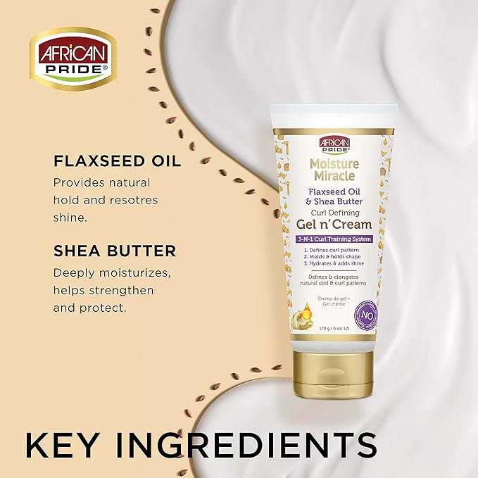 African Pride Moisture Miracle Gel n' Cream - 3-In-1 Curl Training System, Defines Curls, Holds Shape, Hydrates, Adds Shine, Contains Flaxseed Oil & Shea Butter, Defines & Elongates, 6 oz x-pression