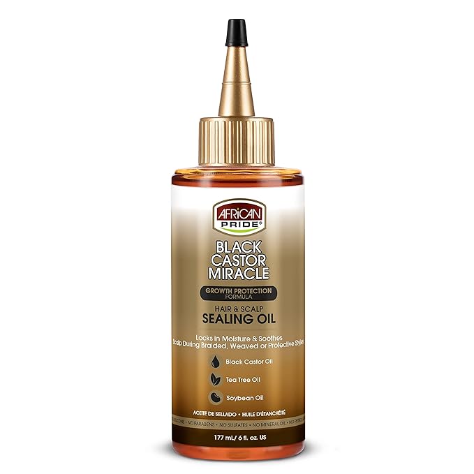 African Pride Black Castor Miracle Hair & Scalp Sealing Oil - Locks in Moisture & Soothes, Contains Black Castor/Tea Tree/Soybean Oil, 6 oz x-pression