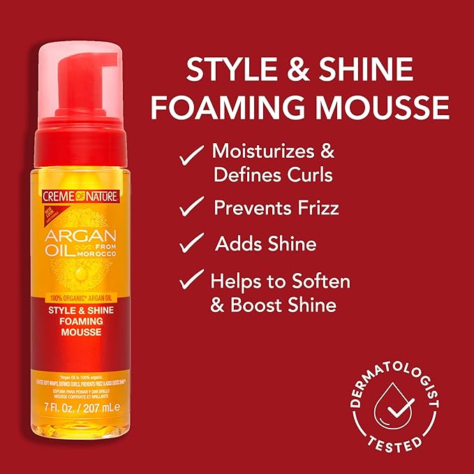 Crème of Nature Argan Oil Style and Shine Foaming Mousse, 7 Ounce, 207 mL x-pression