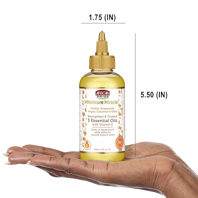 African Pride Moisture Miracle 5 Essential Oils - Contains Castor, Grapeseed, Argan, Coconut & Olive Oil, Seals in Moisture & Adds Shine, Vitamin E, 4 oz x-pression