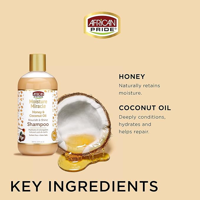 African Pride Moisture Miracle Honey & Coconut Oil Shampoo - For Natural Coils & Curls, Nourishes & Shines, Sulfate Free, Color Safe, 12 oz. x-pression