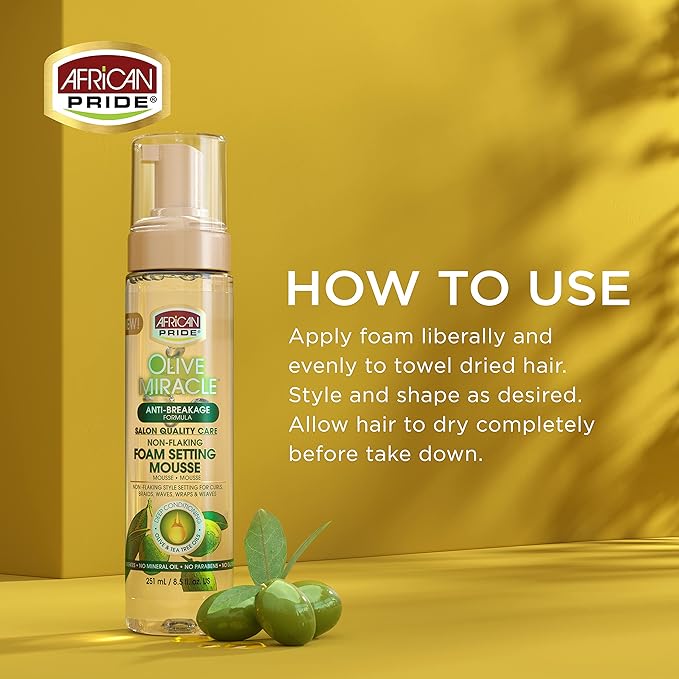 African Pride Olive Miracle Non-Flaking Foam Setting Hair Mousse, Long-Lasting Frizz & Shine Control for Curls, Braids, Weaves, Wigs, Waves & Wraps, 8.5 oz x-pression