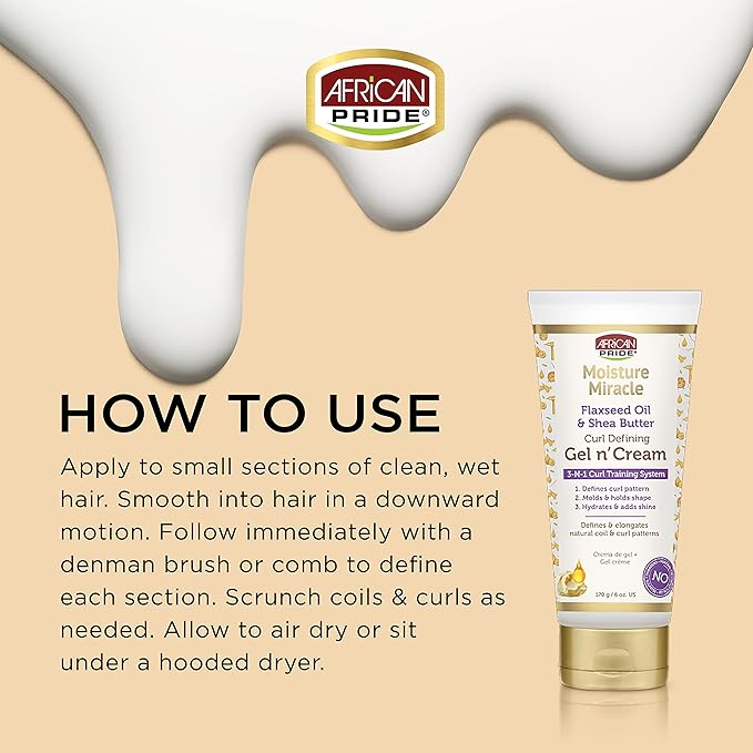African Pride Moisture Miracle Gel n' Cream - 3-In-1 Curl Training System, Defines Curls, Holds Shape, Hydrates, Adds Shine, Contains Flaxseed Oil & Shea Butter, Defines & Elongates, 6 oz x-pression