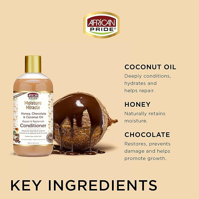 African Pride Moisture Miracle Honey, Chocolate & Coconut Oil Conditioner - Helps Repair & Replenish Moisture to Natural Coils & Curls, Nourishes & Restores, Sulfate Free, Color Safe, 12 oz x-pression