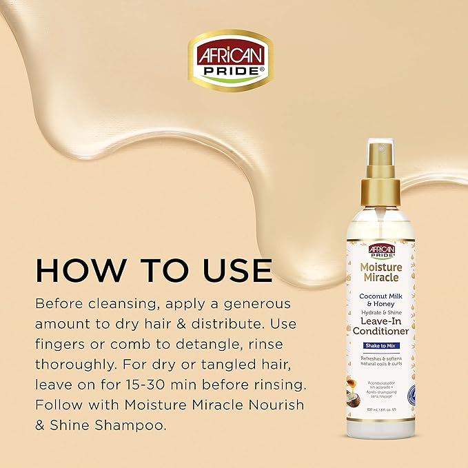 African Pride Moisture Miracle Coconut Milk And Honey Hydrate & Shine Leave- In Conditioner, 8 oz x-pression