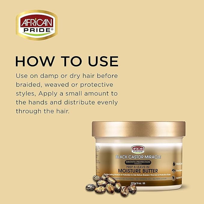 African Pride Black Castor Miracle Moisture Prep Leave In Butter, 8 oz x-pression