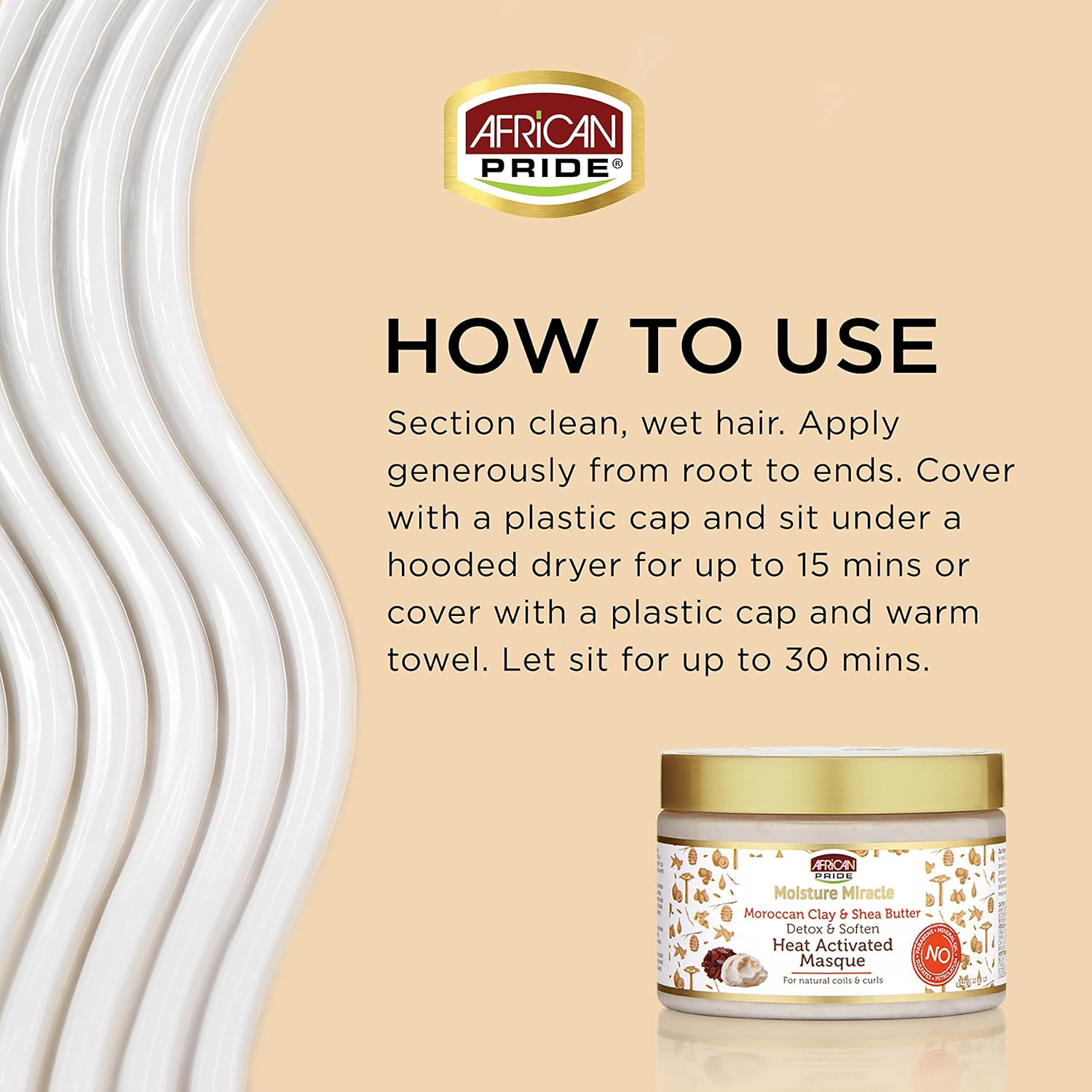 African Pride Moisture Miracle Moroccan Clay & Shea Butter Heat Activated Masque - For Natural Coils & Curls, Detoxes & Softens, Removes Impurities & Product Build-Up from Hair,12 oz x-pression