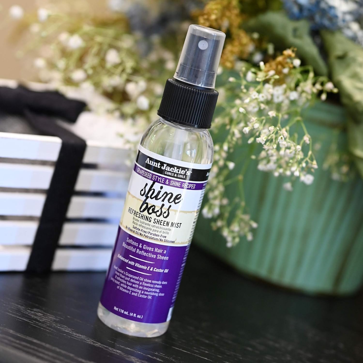 Aunt Jackie's Grapeseed Style and Shine Recipes Shine Boss Refreshing Sheen Hair Mist, Gives Curls, Waves and Coils Shine Without Oily Feel, 4 oz x-pression
