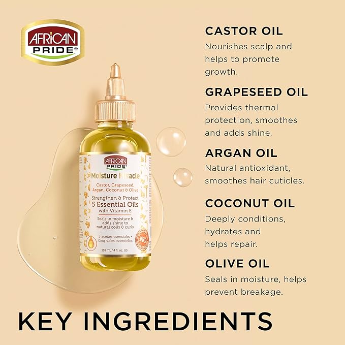 African Pride Moisture Miracle 5 Essential Oils - Contains Castor, Grapeseed, Argan, Coconut & Olive Oil, Seals in Moisture & Adds Shine, Vitamin E, 4 oz x-pression