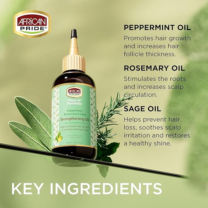African Pride Feel-It Formula Strengthening Oil with Rosemary Oil, Peppermint Oil and Sage - Helps Promote Hair Growth, Nourishing Treatment for Split Ends and Dry Scalp for All Hair Types, 4 fl oz. x-pression