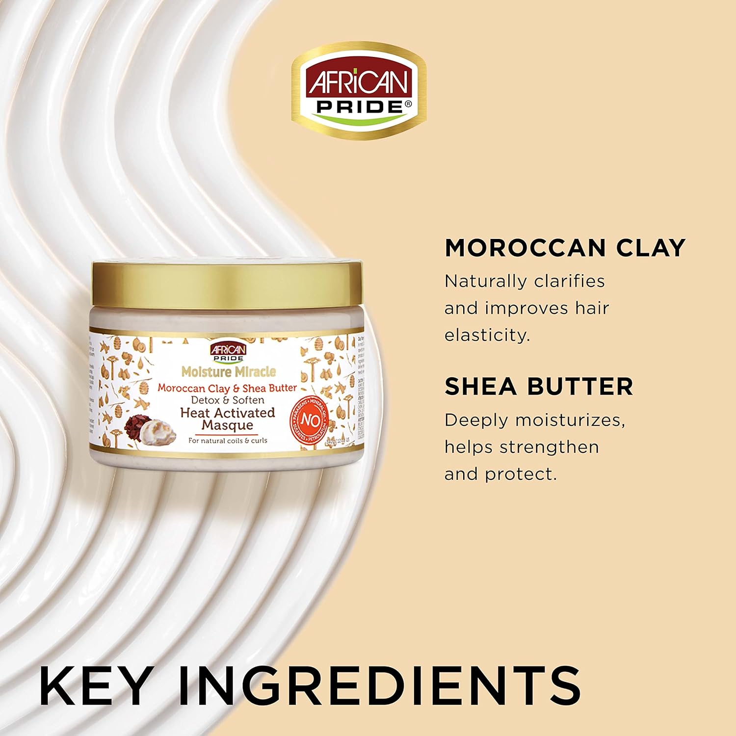 African Pride Moisture Miracle Moroccan Clay & Shea Butter Heat Activated Masque - For Natural Coils & Curls, Detoxes & Softens, Removes Impurities & Product Build-Up from Hair,12 oz x-pression