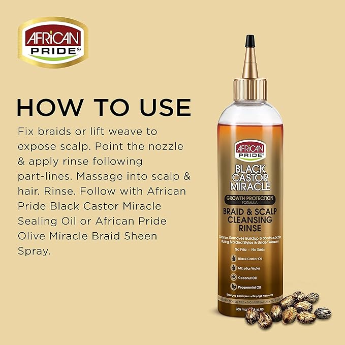 African Pride Black Castor Miracle Braid & Scalp Cleansing Rinse - Removes Hair Build Up & Soothes Scalp, No Frizz, Contains Black Castor Oil, Micellar Water, Coconut Oil, Peppermint Oil, 12 oz x-pression