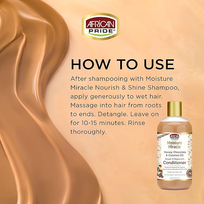 African Pride Moisture Miracle Honey, Chocolate & Coconut Oil Conditioner - Helps Repair & Replenish Moisture to Natural Coils & Curls, Nourishes & Restores, Sulfate Free, Color Safe, 12 oz x-pression