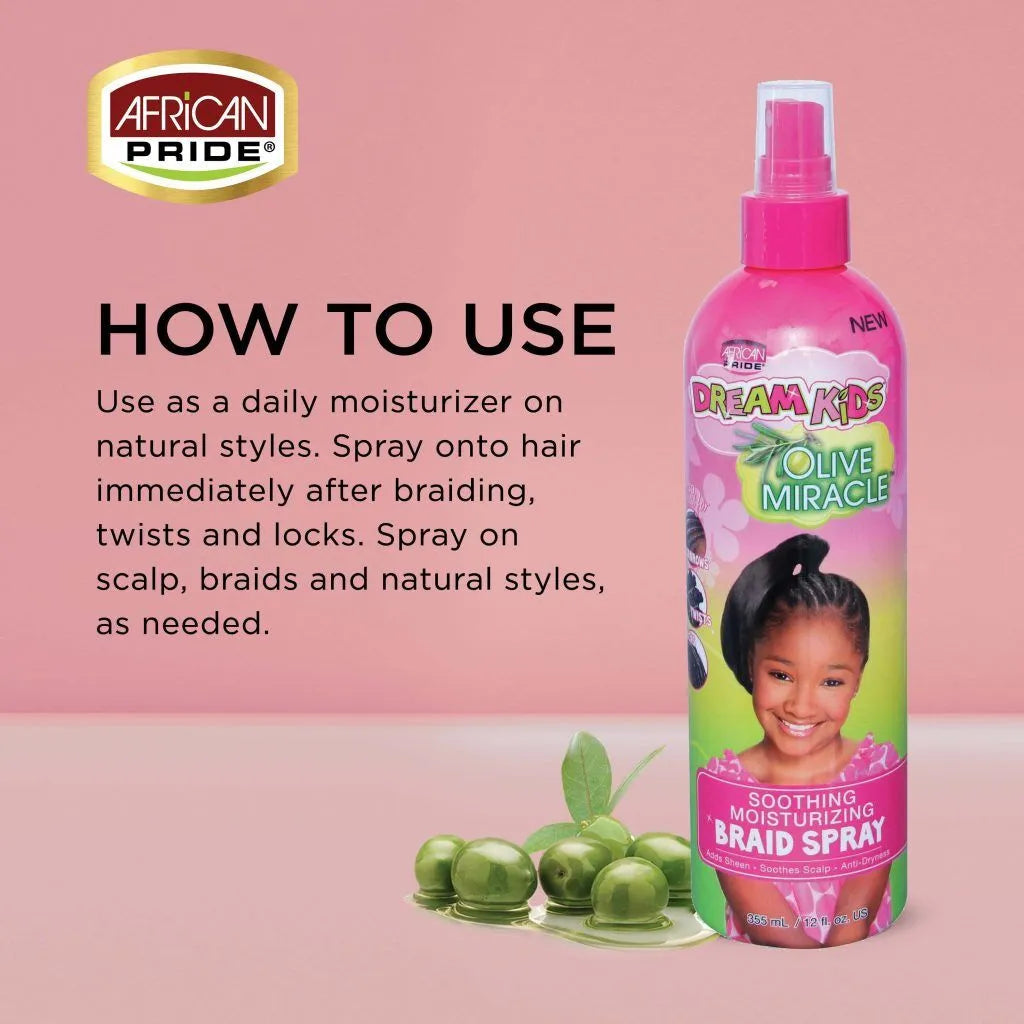 African Pride Dream Kids Olive Miracle Soothing Moisturizing Braid Spray, 12 oz x-pression