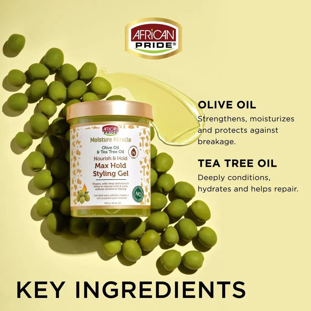 African Pride Moisture Miracle Max Hold Styling Gel with Olive Oil & Tee Tree Oil - 18 fl oz x-pression