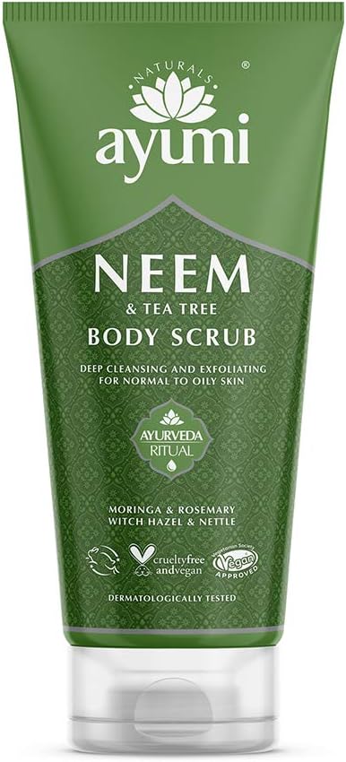 Ayumi Exfoliating Body Scrub with Neem | Tea Tree Oil Scrub for Oily Skin | Back Acne Treatment with Neem Scrub | Nettle Leaf to Soothe Itching | Body Scrub for Women & Men's Skincare Rituals |200 ml