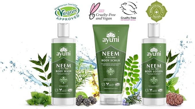 Ayumi Exfoliating Body Scrub with Neem | Tea Tree Oil Scrub for Oily Skin | Back Acne Treatment with Neem Scrub | Nettle Leaf to Soothe Itching | Body Scrub for Women & Men's Skincare Rituals |200 ml