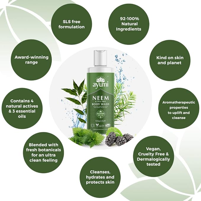 Ayumi Neem & Tea Tree Body Wash, Moisturises & Gently Cleanses the Skin, With a Blend of Bearberry & Nettle to Leave Skin Feeling Fresh & Healthy, 200 mL