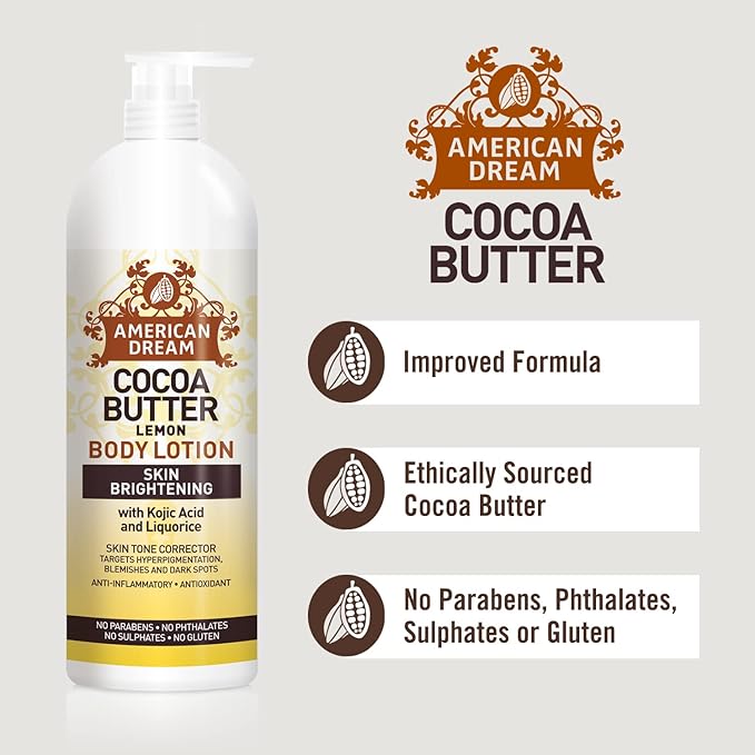American Dream Radiance Boost Cocoa Butter Body Lotion with Lemon oil & Vitamin E, for dull & dry skin 750ml