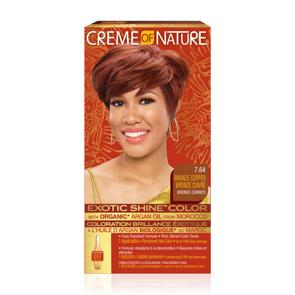 Exotic Shine Hair Color by Crème of Nature, 7.64 Bronze Copper, with Argan Oil from Morocco, 1 Application x-pression