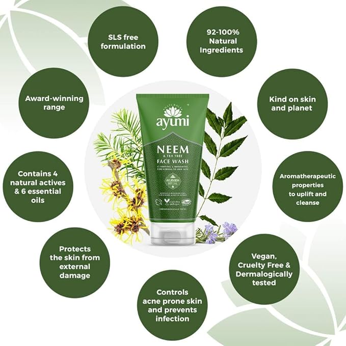 Ayumi Acne Face Wash with Neem | Oily Skin Wash with Nettle Leaf Extract | Tea Tree Oil for Acne Treatment | Hydrating Facewash with Moringa Oil | Women & Mens Face Wash for Skin Care ,150 mL
