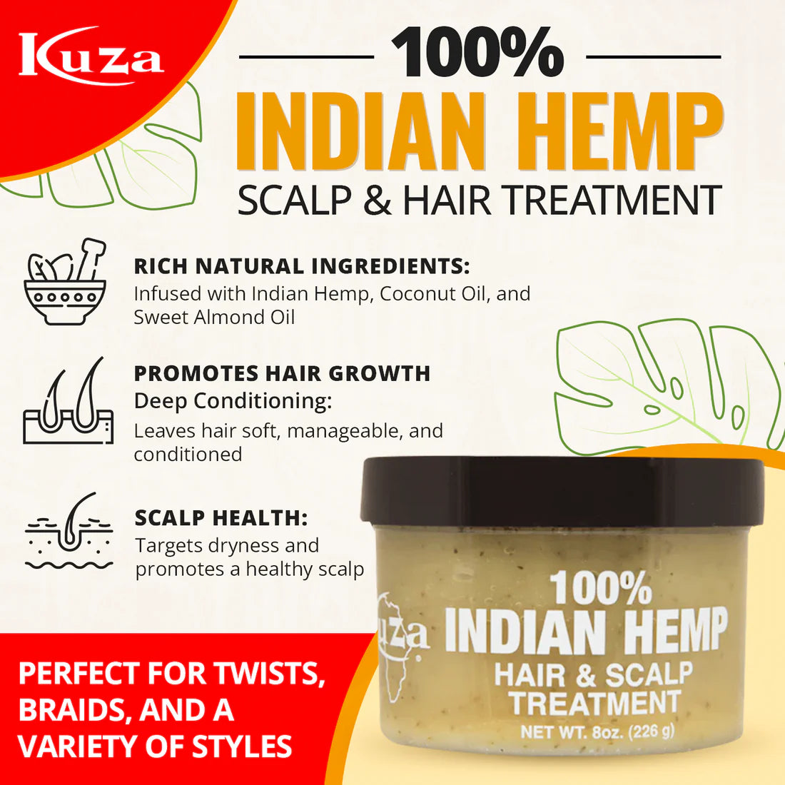 KUZA 100% Indian Hemp Hair & Scalp Treatment 8oz. 226g | 18 oz. 508.5g x-pression