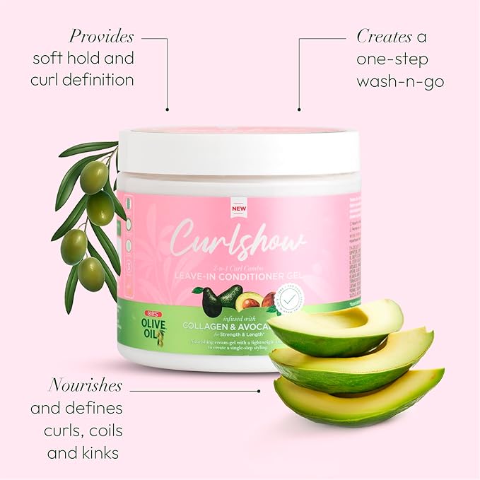 ORS Olive Oil Curlshow Leave-In Conditioner Gel Infused with Collagen & Avocado Oil for Strength & Length (16.0 oz) x-pression