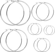 6 Pairs Silver Hoop Earrings, Large Silver Metal Hoop Earrings Set Big Hypoallergenic Lightweight Huggie Round Earring with Different Size for Women Girls Men