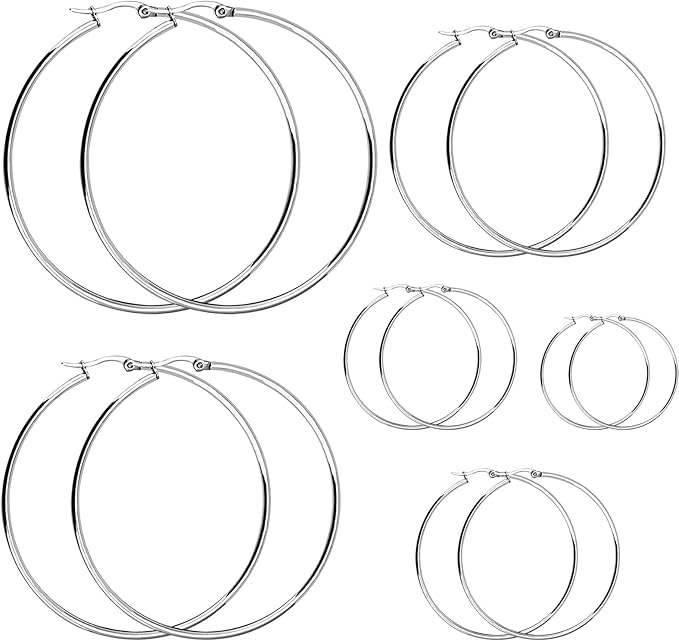 6 Pairs Silver Hoop Earrings, Large Silver Metal Hoop Earrings Set Big Hypoallergenic Lightweight Huggie Round Earring with Different Size for Women Girls Men