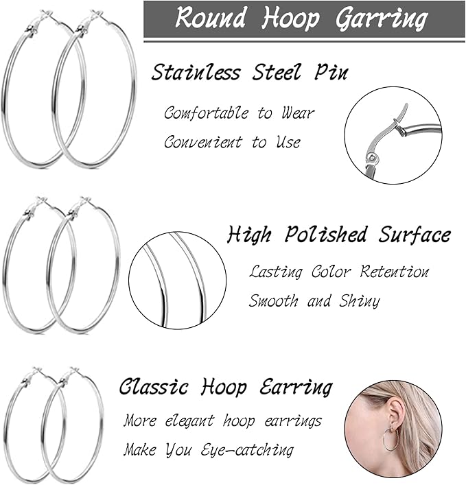 6 Pairs Silver Hoop Earrings, Large Silver Metal Hoop Earrings Set Big Hypoallergenic Lightweight Huggie Round Earring with Different Size for Women Girls Men
