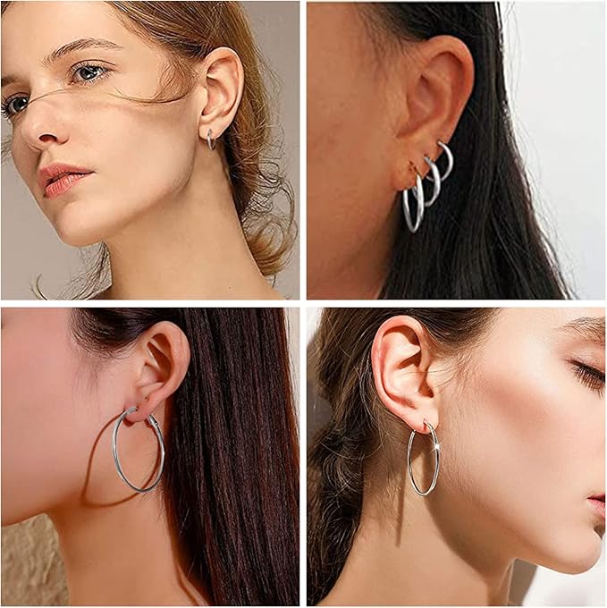 6 Pairs Silver Hoop Earrings, Large Silver Metal Hoop Earrings Set Big Hypoallergenic Lightweight Huggie Round Earring with Different Size for Women Girls Men