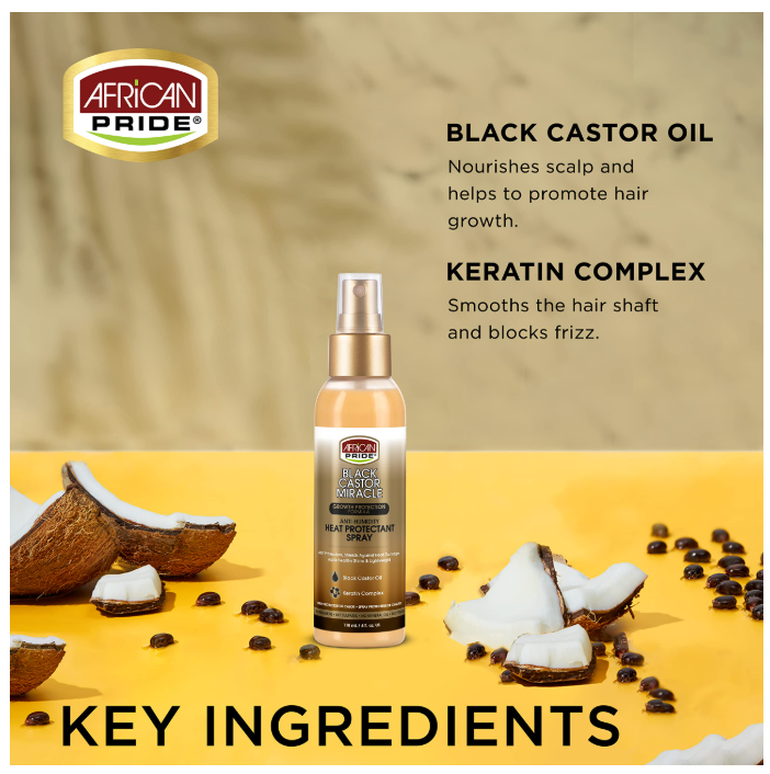 African Pride Black Castor Miracle Anti-Humidity Heat Protectant Spray, 4fl oz, 118 mL x-pression