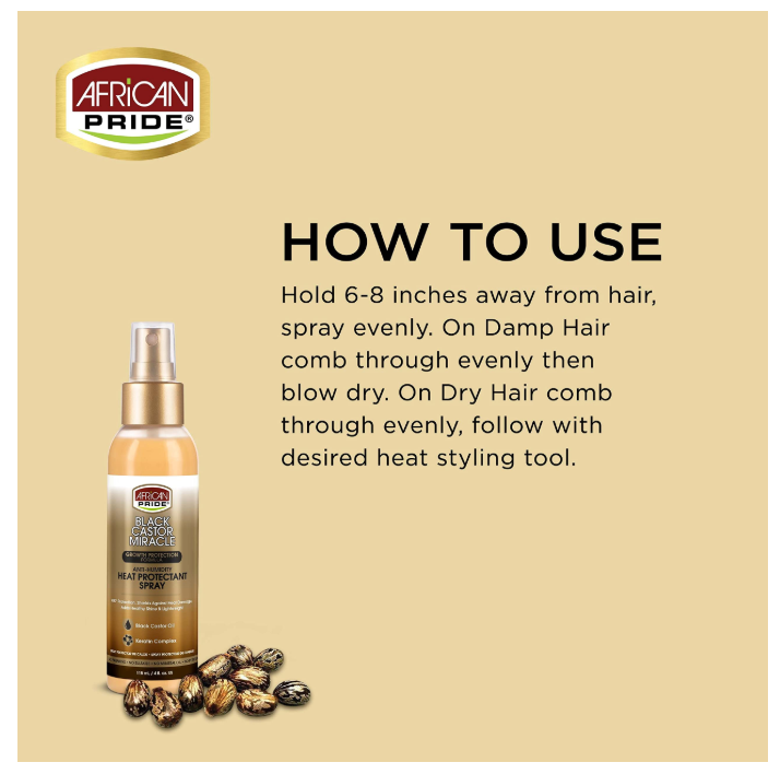 African Pride Black Castor Miracle Anti-Humidity Heat Protectant Spray, 4fl oz, 118 mL x-pression