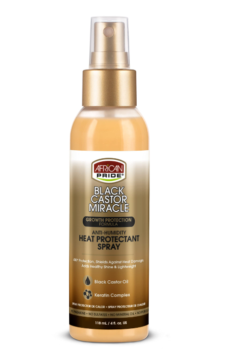African Pride Black Castor Miracle Anti-Humidity Heat Protectant Spray, 4fl oz, 118 mL x-pression