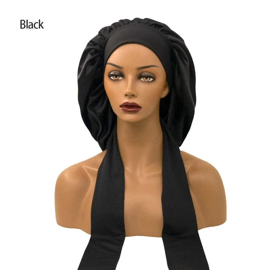 Women Long Hair Care Satin Bonnet Night Sleep Hat Cap 2strips Silk feel UK x-pression